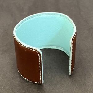 Brown Leather Cuff Bracelet Blue Lined Open Cuff White Stitch Detail